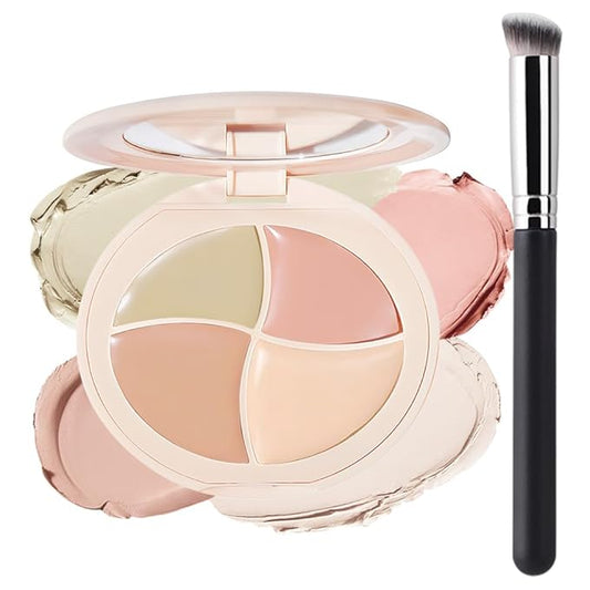 evpct Pot Concealer Full Coverage kit with Brush for Older Women, 4 Nude Shades Under Eye Color Corrector Concealer Palette for Dark Circles Mature Skin Makeup, Waterproof Foundation Color Corrector