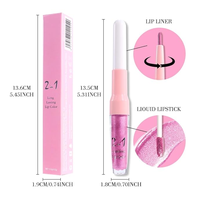 evpct Pink Metallic Glitter Lip Liner and Lipstick Combo Lip Gloss Stain Set Makeup for Women Long Lasting Waterproof 24, Rose Pink Metallic Shimmer Frosted Iridescent Glossy Liquid Lipstick 21
