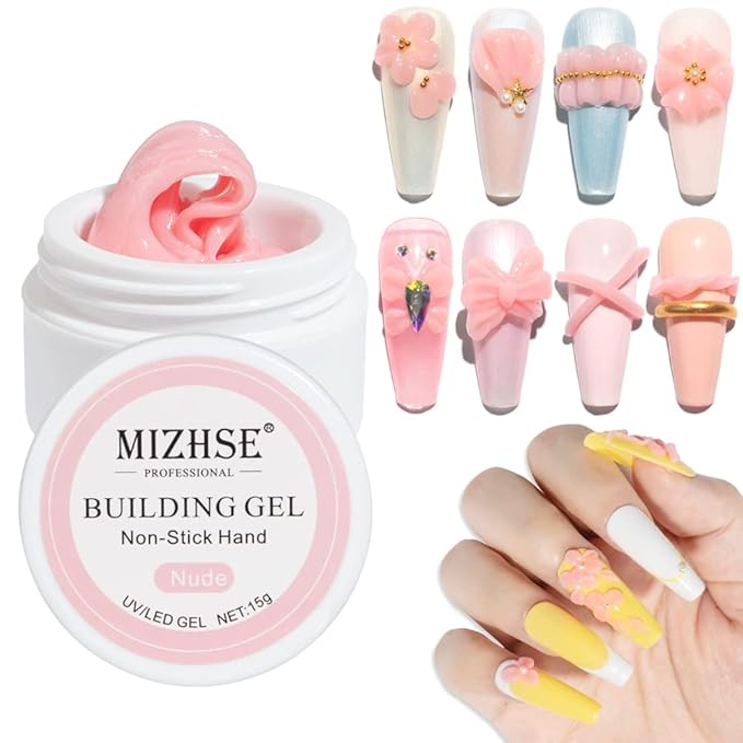 MIZHSE Solid Builder Gel for Nails, Nude Pink Non-Sticky Sculpting Gel, 3D Nail Art Building Carving Modeling Hard Nail Extension Soak Off UV/LED Nail Art Salon Home DIY 15g