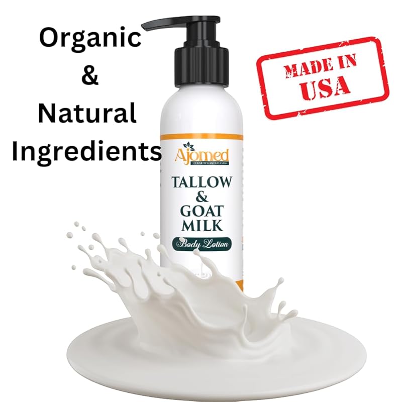 Grass Fed Beef Tallow & Goat Milk Body Lotion for Sensitive Skin, Organic Tallow Lotion - Soothes Dry Patches, dry skin eczema Moisturizer - Handmade Tallow Body Lotion (Sandalwood Vanilla, 12 Oz)