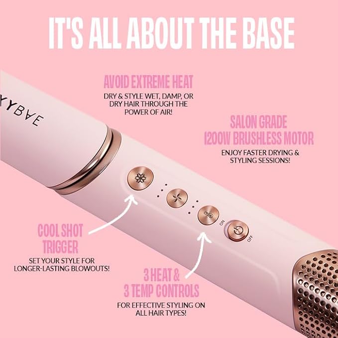 FoxyBae Super Styler Pro Interchangeable 5 in 1 Hair Styler Wand Curling Iron Set - w/Drying Cylinder, Ceramic Blowout & Round Brushes, 2 Auto-Wrap Curlers - Frizz-Free, Smooth Hair [Blush]