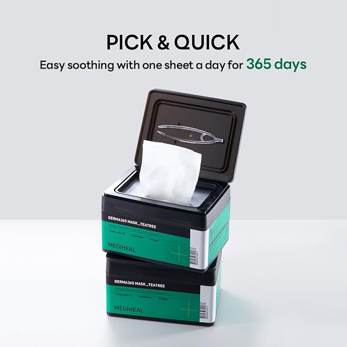 Mediheal Derma 365 Teetree Mask (30 Masks) - Daily Skin Care Mask for Deeply Comforting and Calming Skin with Teatree Active 4X