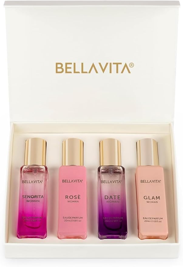 BellaVita Luxury Women's Perfume Gift Set (4x20ml) | Notes of Floral, Sweet, Spicey Red Fruit, Vanilla & Musk | DATE, SENORITA, GLAM & ROSE | French Parfum Collection Gift Set