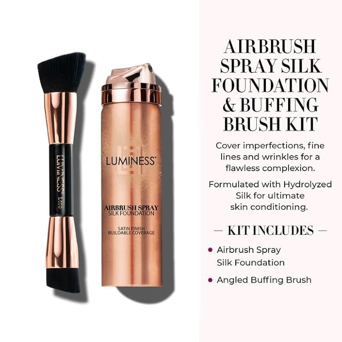 LUMINESS Silk Airbrush Spray Foundation & Buffing Brush Kit – Full Coverage Foundation & Dual-Sided Buffing Brush - Buildable Coverage, Anti-Aging Formula Hydrates & Moisturizes (Shade - Deep)