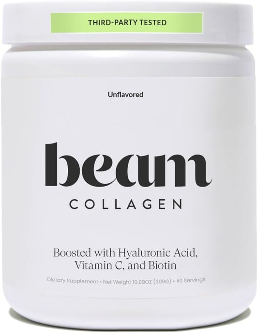 Beam Collagen Powder, Collagen for Women, Collagen with Hyaluronic Acid, Collagen Peptides Type 1 and 3, with Biotin, Grass Fed Bovine, Third-Party Tested, Best for Coffee, Vitamin C, 60 Servings