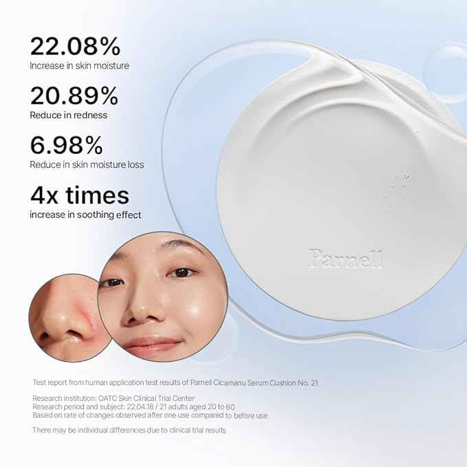Parnell Cicamanu Serum Cushion - Moisturizing Foundation for Soothing, Coverage, Glass Skin and Lightweight for Sensitive and Dry Skin Pearl Skin (0.52 Fl Oz) (#21 Fair Ivory)