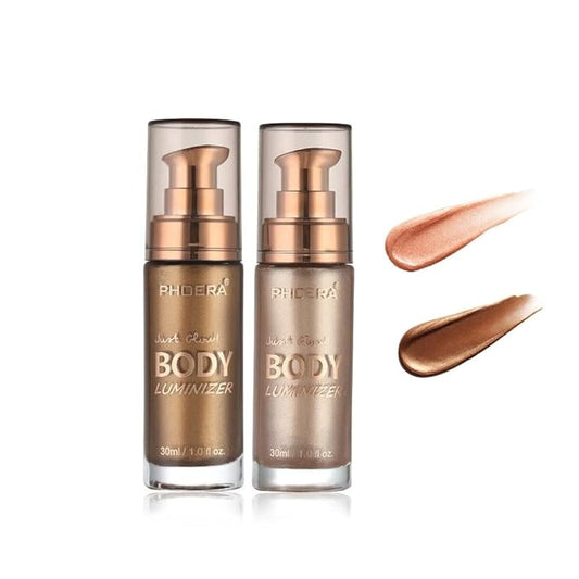 2 Pack PHOERA Body Luminizer, High Gloss Waterproof Body Luminizer Glitter Face Shimmer Moisturizer Lotion Tan Cream Foundation Makeup Bronzer(101 Rose Gold+103 Glistering Bronze)