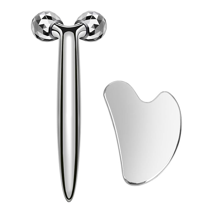 3D Gua Sha Facial Tools Metal Face Roller Stainless Steel Gua Sha Set Cooling Massage Tools for Reduce Puffiness, Firm Skin, Anti-Aging Care - Daily Facial Sculpting Gift for Women