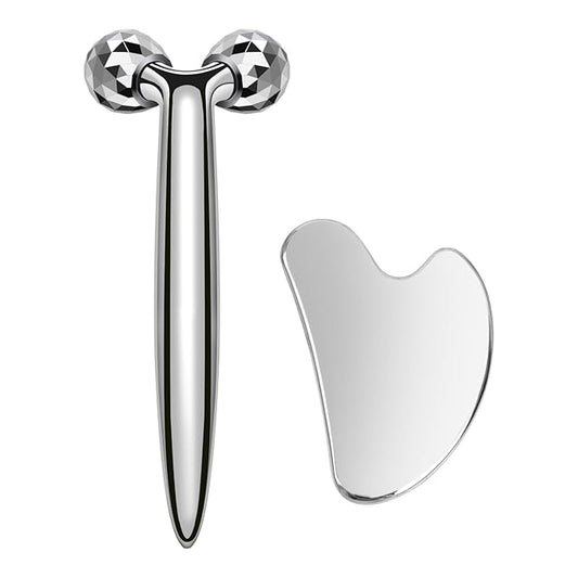 3D Gua Sha Facial Tools Metal Face Roller Stainless Steel Gua Sha Set Cooling Massage Tools for Reduce Puffiness, Firm Skin, Anti-Aging Care - Daily Facial Sculpting Gift for Women
