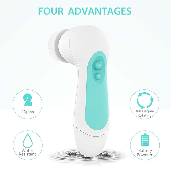 Waterproof Facial Cleansing Spin Brush Set with 5 Exfoliating Brush Heads - Electric Face Scrubber Cleanser Brush by CLSEVXY - Face Brush for Gentle Exfoliation and Deep Scrubbing