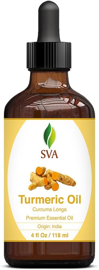 SVA Turmeric Essential Oil – 4 Fl Oz – 100% Natural Turmeric Oil - for Diffuser, Hair Care, Face, Skin Care, Aromatherapy, Scalp and Body Massage, Soap and Candle Making – with Dropper