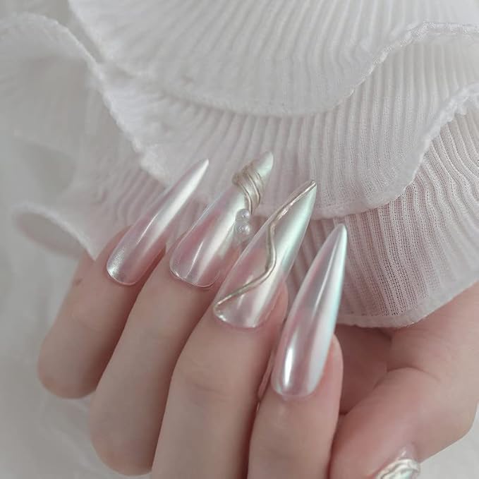 2 Pcs White Iridescent Nails Powder Aurora Chrome Powder for Nails,Mermaid Chrome Nail Pearl Powder Chameleon Chrome Nail Powder Manicure Pigment(2 Pcs Moonlight)