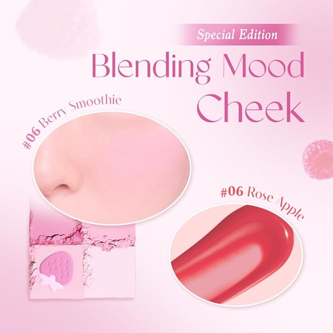 Dasique Blending Mood Cheek Special Edition #06 Berry Smoothie with FREE Juicy Dewy Tint Mini #06 Rose Apple | 4 Blendable Shades in Lightweight Smooth Powder | Korean Makeup