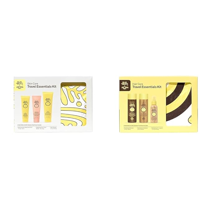 Sun Bum Skin & Hair Care Travel Essentials Kits | Cleanse, Brighten, Moisturize Skin & Revitalize Hair | Includes Aloha Splash-Proof Pouches