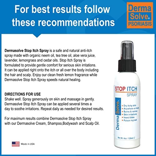 Dermasolve Stop Itch Spray with 100% Organic Neem Oil, Scalp and Body Psoriasis Relief, Dry Skin, Bites, Sunburn, Burns and Rashes