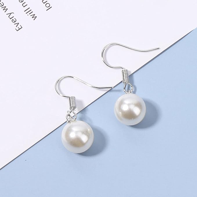 Boho Pearl Hook Earrings Freshwater Pearl Drop Earrings Silver Round Dangle Earrings Bridal Earrings Jewelry for Women and Girls Bridesmaid Gifts