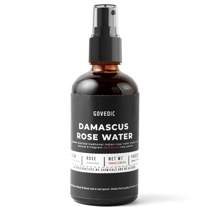 Govedic Rose Water Spray for Face Made with Damask Rose Petals, All-Natural Formula, No Dyes or Alcohol, Suitable for All Skin & Hair Types 100ml 3.38 Oz