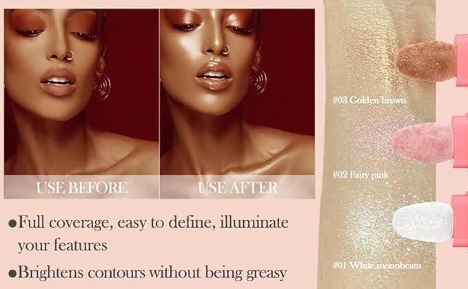 3 Colors Glitter Powder Highlighter Makeup, Body Brightens the Natural Three-Dimensional Face Blusher Fairy Highlight Patting Powder. (01#White Moonbeam/04# Green/05# Gold)