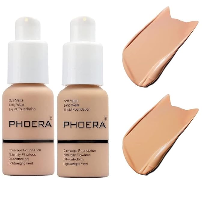 2 Pack PHOERA Foundation 103# Warm Peach and 104# Buff Beige, Flawless Soft Matte Liquid Foundation,24 HR Full Coverage Mattle Oil-Control Foundation Makeup.