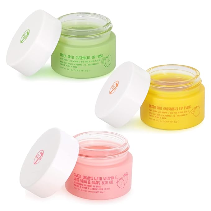 W7 Sweet Dreams Overnight Lip Mask Trio - Strawberry, Apple & Grapefruit Flavor 3 Pack - Vitamin E, Aloe Vera and Grape Seed Oil - For Hydrated, Full Looking & Irresistible Lips