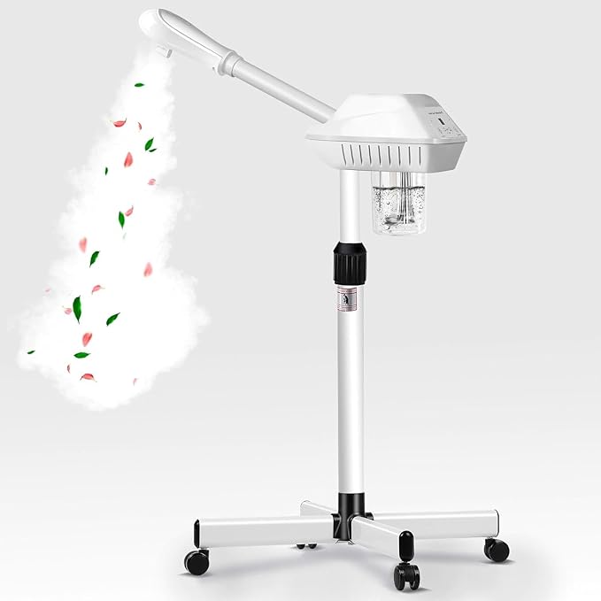 Professional Facial Steamer on Wheels, Esthetician Steamer with Hot Ozone Mist, Stand Face Steamer for Facial Deep Cleaning, Steamer for Facial for Personal Care or Spa, White
