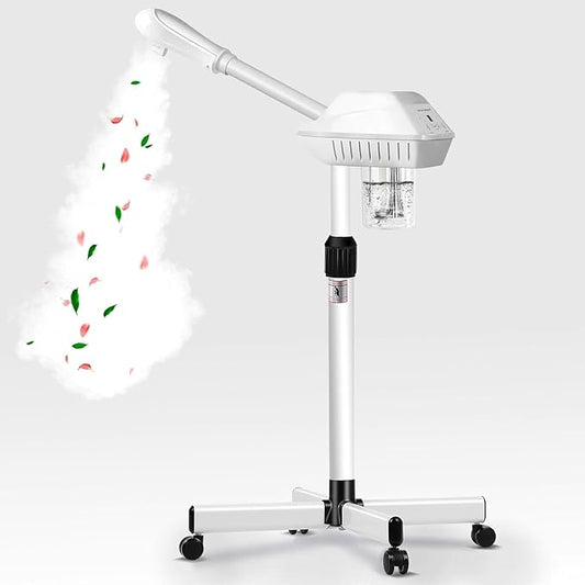Professional Facial Steamer on Wheels, Esthetician Steamer with Hot Ozone Mist, Stand Face Steamer for Facial Deep Cleaning, Steamer for Facial for Personal Care or Spa, White