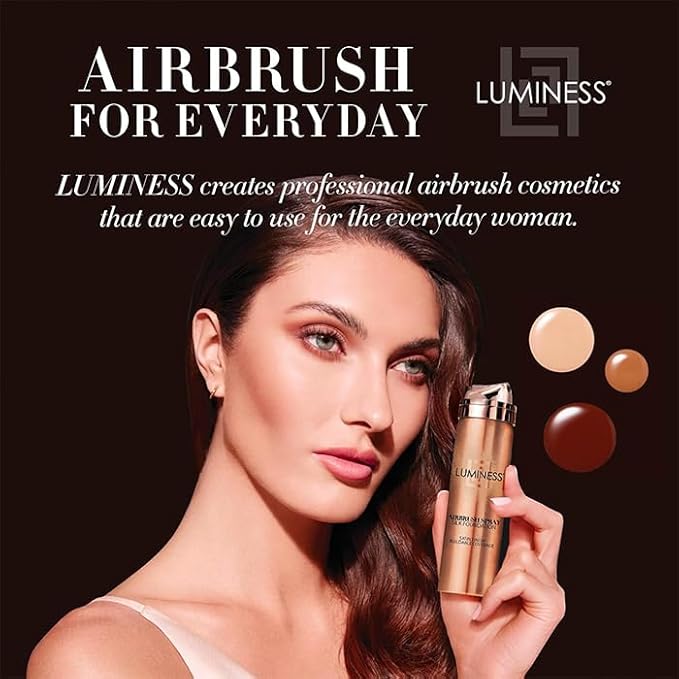 LUMINESS Silk Airbrush Spray Foundation & Buffing Brush Kit – Full Coverage Foundation & Dual-Sided Buffing Brush - Buildable Coverage, Anti-Aging Formula Hydrates & Moisturizes (Shade - Rich Dark)