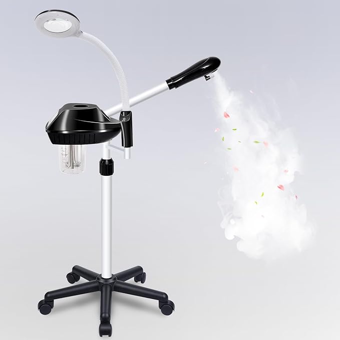 Professional Facial Steamer, 2 in 1 Face Steamer on Wheels, with 5X Magnifying Lamp, Facial Steamer with Time Setting, Stand Face Steamer Adjustable Height for Spa, Salon and at Home use