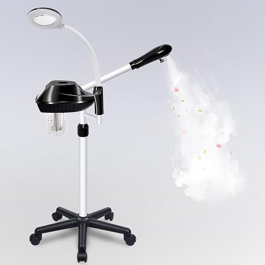 Professional Facial Steamer, 2 in 1 Face Steamer on Wheels, with 5X Magnifying Lamp, Facial Steamer with Time Setting, Stand Face Steamer Adjustable Height for Spa, Salon and at Home use