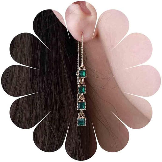 Vintage Emerald Crystal Threader Earrings Green Gem Drop Earrings Emerald Cz Square Earrings Gold Long Emerald Chain Earrings Jewelry for Women