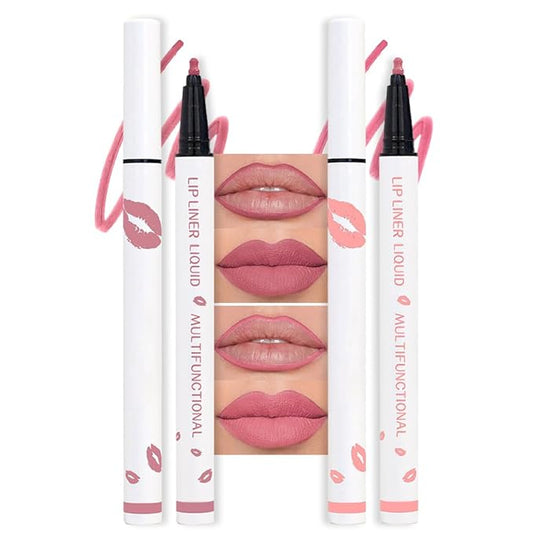 2Pcs Longwear Liquid Lip Liner Stain Marker Pen Set Long Lasting Waterproof, Dusty Warm Pink Matte Semi Permanent 24 Hour Lip Liner and Lipstick Combo, Color Stay Lipliner All Day, Lips Stain peel off