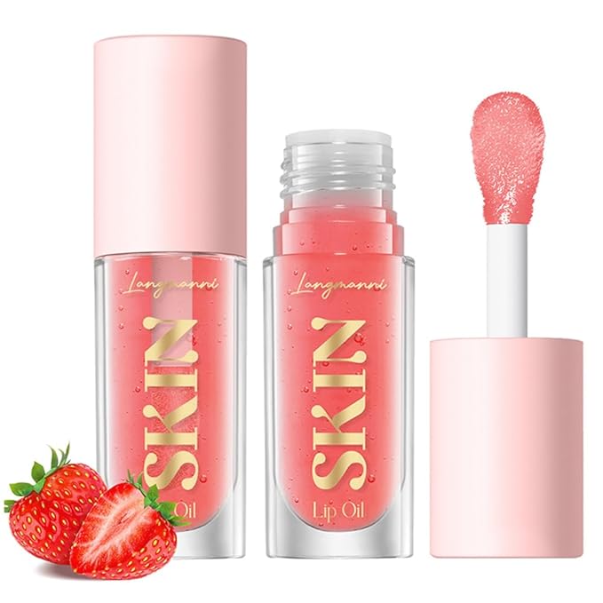 Big Brush Head Lip Glow Oil Plumping Tint, Tinted Lip Balm Transparent Lip Care, Moisturizing Non-sticky Fresh Shiny Texture Lip Oil - Strawberry (Pink)