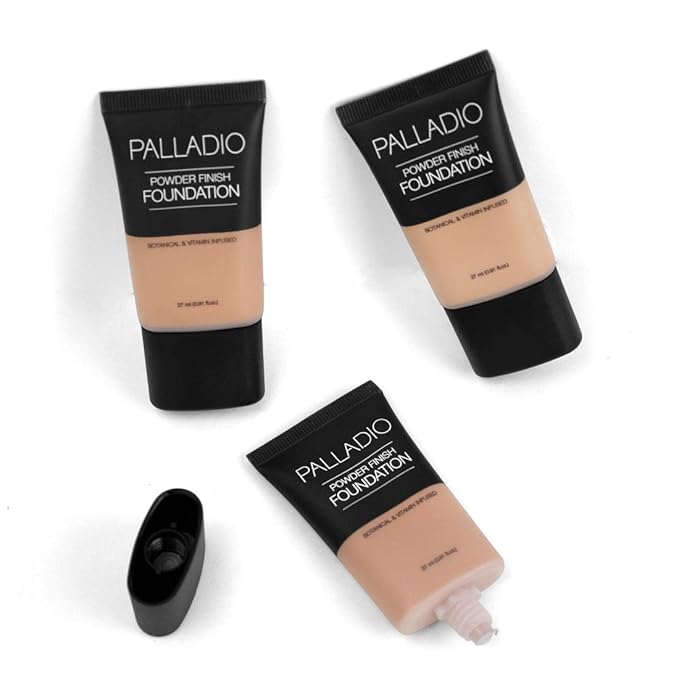 Palladio Powder Finish Liquid Foundation, Natural Matte Appearance, Reduces Fine Lines, Covers Large Pores, Hides Imperfections, All Day Wear, Sheer to Medium Coverage, In the Buff