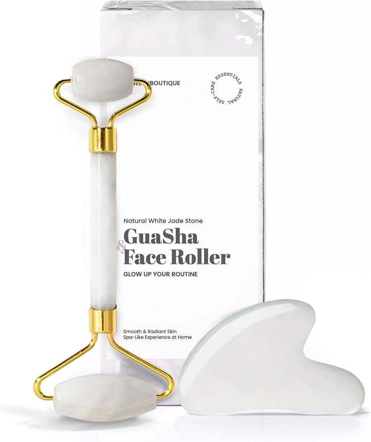 ROSELYNBOUTIQUE Gua Sha Facial Tools & Face Roller for Wrinkless Natural Skincare Tool Jade Roller Guasha Tool for Face Facial Massager (White Jade)