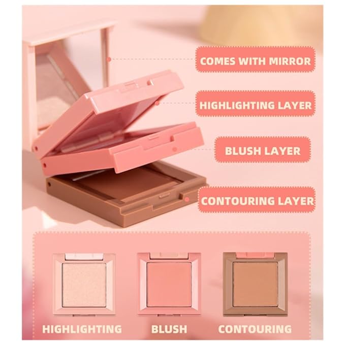 Contour and Highlight Blush Makeup Palette, Cream Bronzer, Silky Smooth Powder Blush, Shimmer Highlighter Makeup Powder, 3-in-1 Mixable Three-Piece Eyeshadow Palette with Mirror (02#)