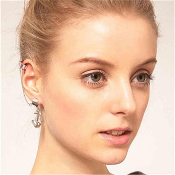 Anchor Chain Cuff Earrings Silver Anchor Dangle Chain Earrings Helix Chain Cartilage Earrings Non Piercing Earrings Jewelry for Women and Girls