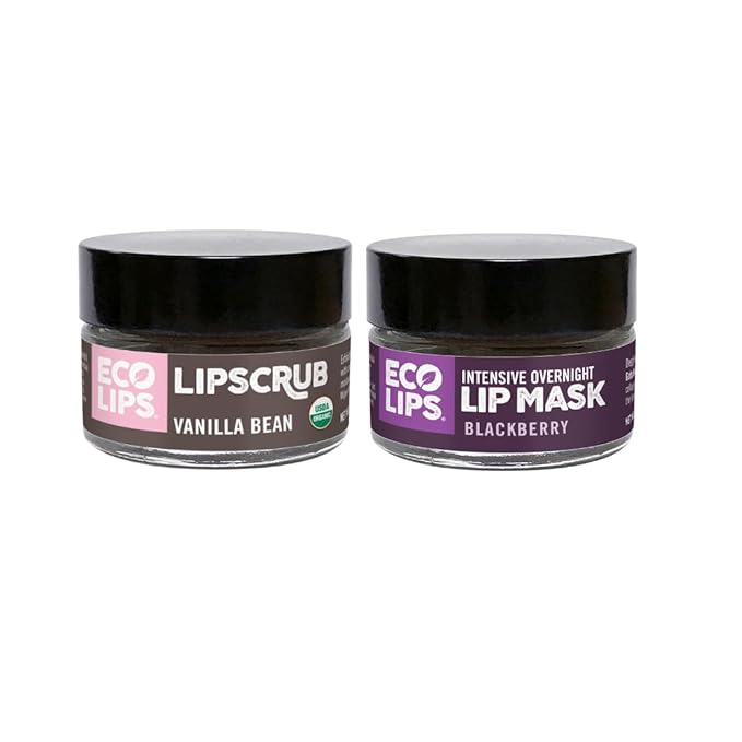 Eco Lips Vanilla Bean Lip Sugar Scrub & Blackberry Intensive Overnight Lip Repair Mask Duo - 100% Organic Lip Care Treatment - Gently Exfoliate, Polish, & Repair Dry, Flaky Lips, 100% Edible