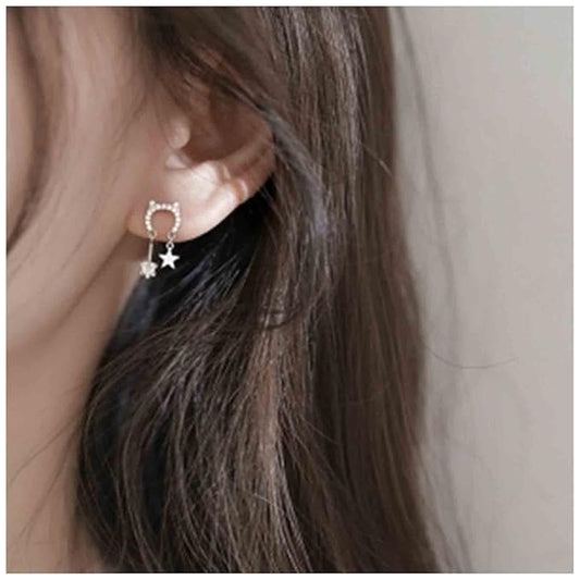 Crystal Cat Studs Earrings Silver Crystal Star Dangle Earrings Boho Rhinestone Drop Earrings Natural Inspired Animal Earrings Jewelry for Women and Girls Cat Lover Gifts