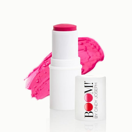 BOOM! by Cindy Joseph Boomstick Creamy Blush Stick and Lipstick - Long Wearing Blendable and Buildable Color - Vegan Multistick for Cheeks & Lips for Older Women & Mature Skin - Peony Pink