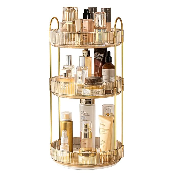 360 Rotating Makeup Organizer - High-Capacity Skincare & Cosmetics Organizer for Vanity, Bathroom or Dresser (3 Tiers, Amber)