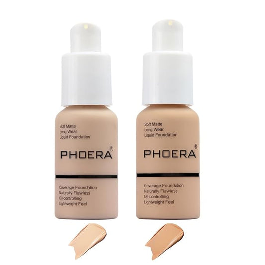 2 Pcs Phoera Foundation Makeup 102 and 104 Liquid Full Coverage 24HR Matte Oil Control Foundation Makeup Concealer (Nude & Buff Beige) with Kabuki Foundation Brush Flat Top
