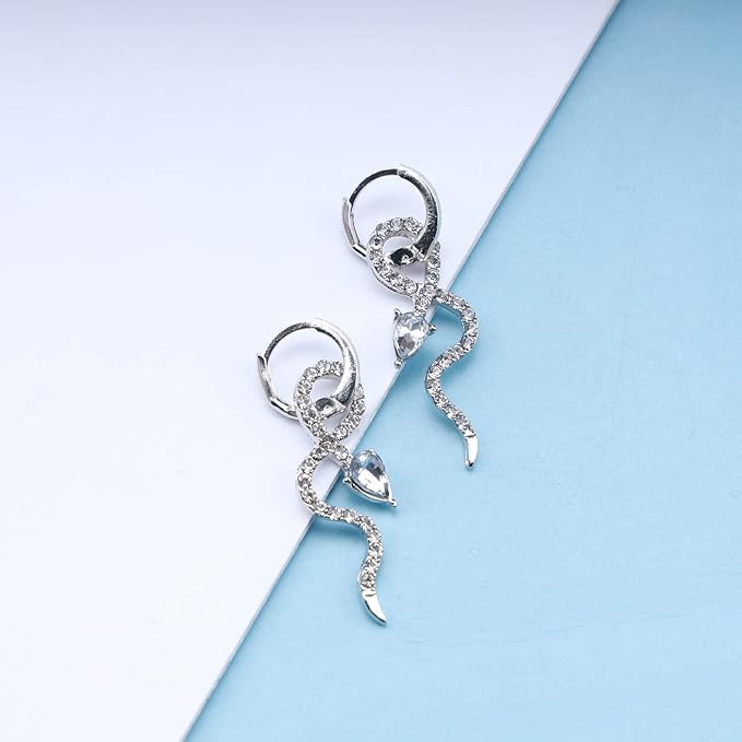 Gothic Crystal Snake Drop Earrings Silver Serpent Earrings Punk Snake Hoop Earrings Unusual Halloween Earrings Jewelry for Women and Girls