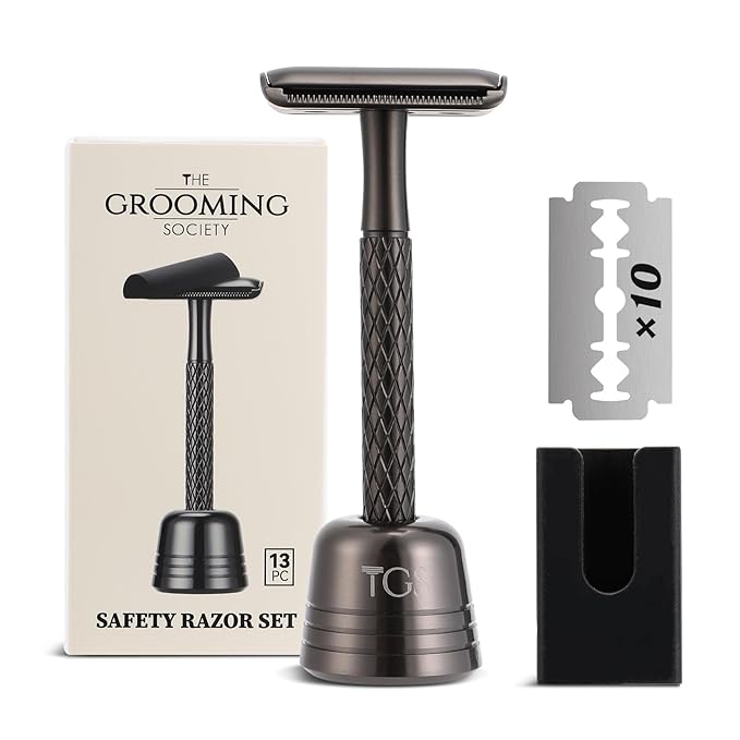 Double Edge Safety Razor for Men with Stand and Silicone Cover - Durable Metal Eco-Friendly Single Blade Safety Razor with 10 Blades - Closed Smooth Shave Matte Black