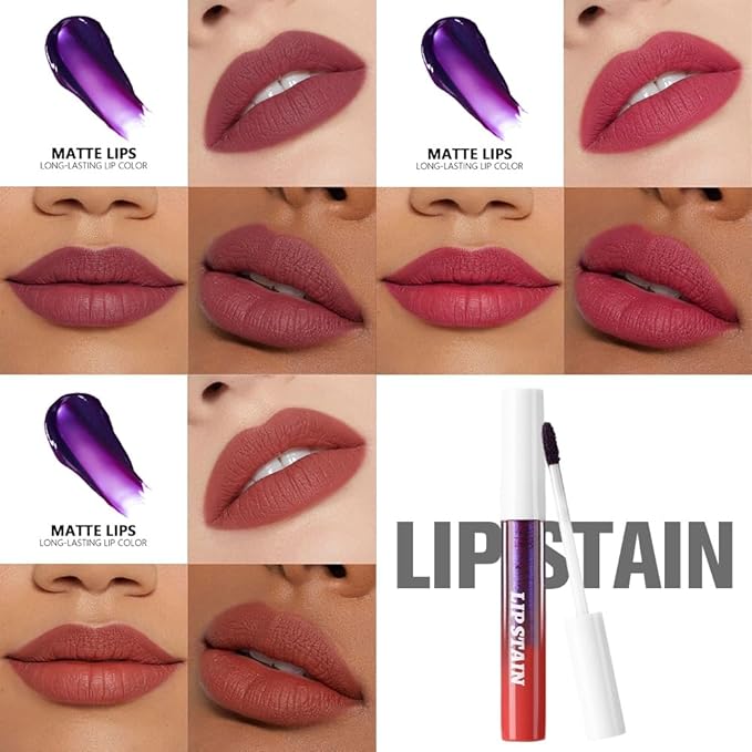 evpct 3Pcs Maroon Mauve Nude Brown Peel Off Lip Stain Tints, Matte Liquid Lipstick Lip Stain Long Lasting Waterproof for Women, Longwear Lipstick Peel Off Highly Pigmented Smudge-proof Easy to Apply