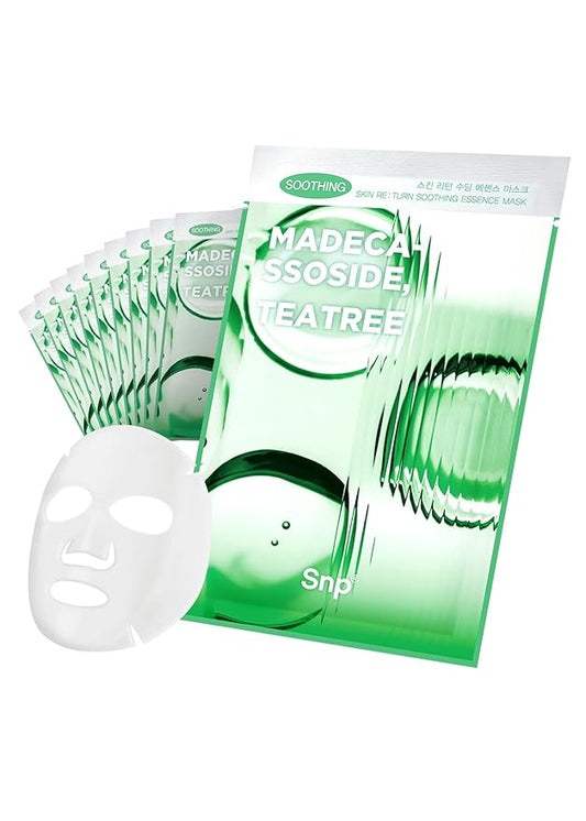 SNP Skin Return Soothing Essence Sheet Mask | Moisturizing and Hydrating for All Skin Types | Vegan Sheet Masks with Tea Tree Extract | Korean Face Masks Skincare | Facial Mask | 10 Sheets