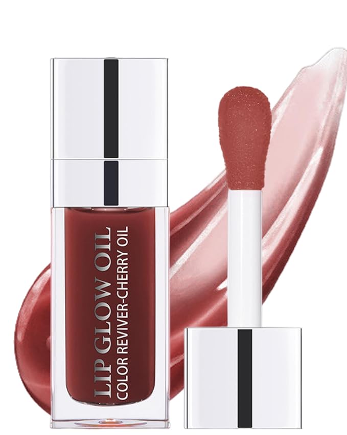 Lip Glow Oil, Mahogany, Lip Care Product with Hydrating Plumping Lip Gloss, Clear Tinted Lip Oil for Dry Lips, Nourishing Lip Gloss Oil, Christmas Makeup Gift for Women