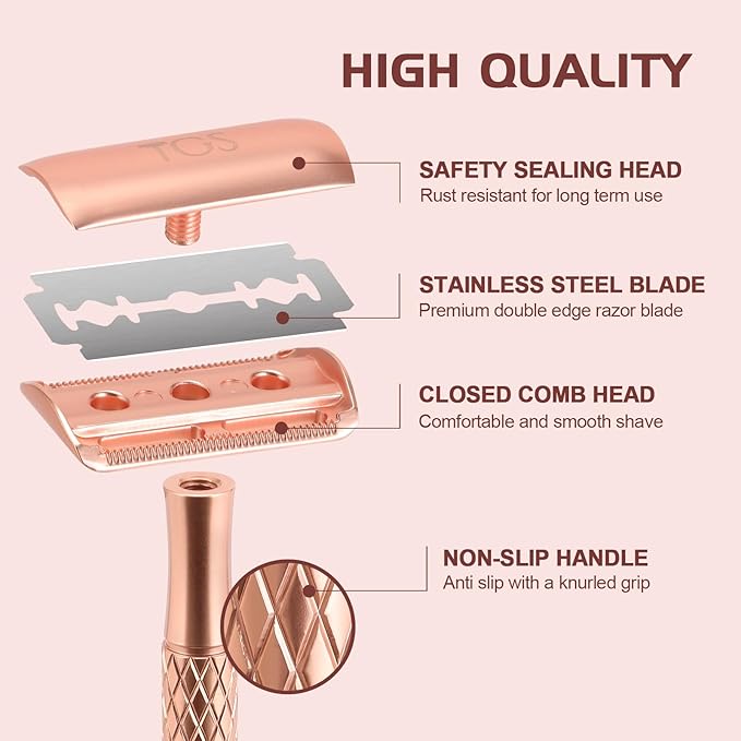 Double Edge Safety Razor for Women with Silicone Cover & 10 Blades for Travel Metal Eco-Friendly Reusable Single Blade Razor for Shaving (Rose Gold)