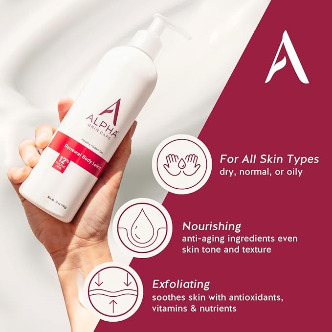 Alpha Skin Care Revitalizing Body Lotion, 12% Glycolic AHA, Simple & Effective Daily Moisturizer with Alpha Hydroxy Acid, Hydrates & Exfoliates for Soft, Smooth Skin, Anti-Aging, 12 Oz