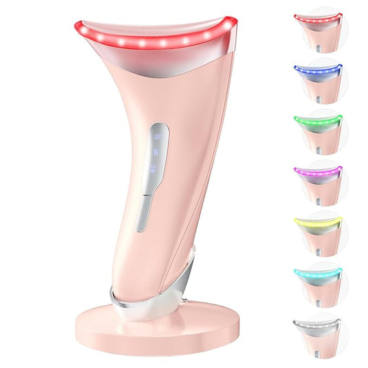 7 Color Light Therapy Facial Massager with Adjustable Vibration and Thermals for Wrinkles, Double Chin, Red Light Skin Care Tool with Base, Pink