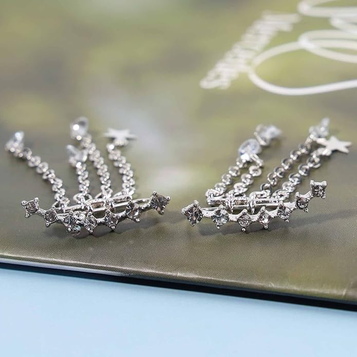 Boho Star Ear Jacket Earrings Gold Cz Star Ear Climber Earrings Crystal Chain Tassel Earrings Crystal Ear Crawler Long Chain Earrings Jewelry for Women and Girls Gifts
